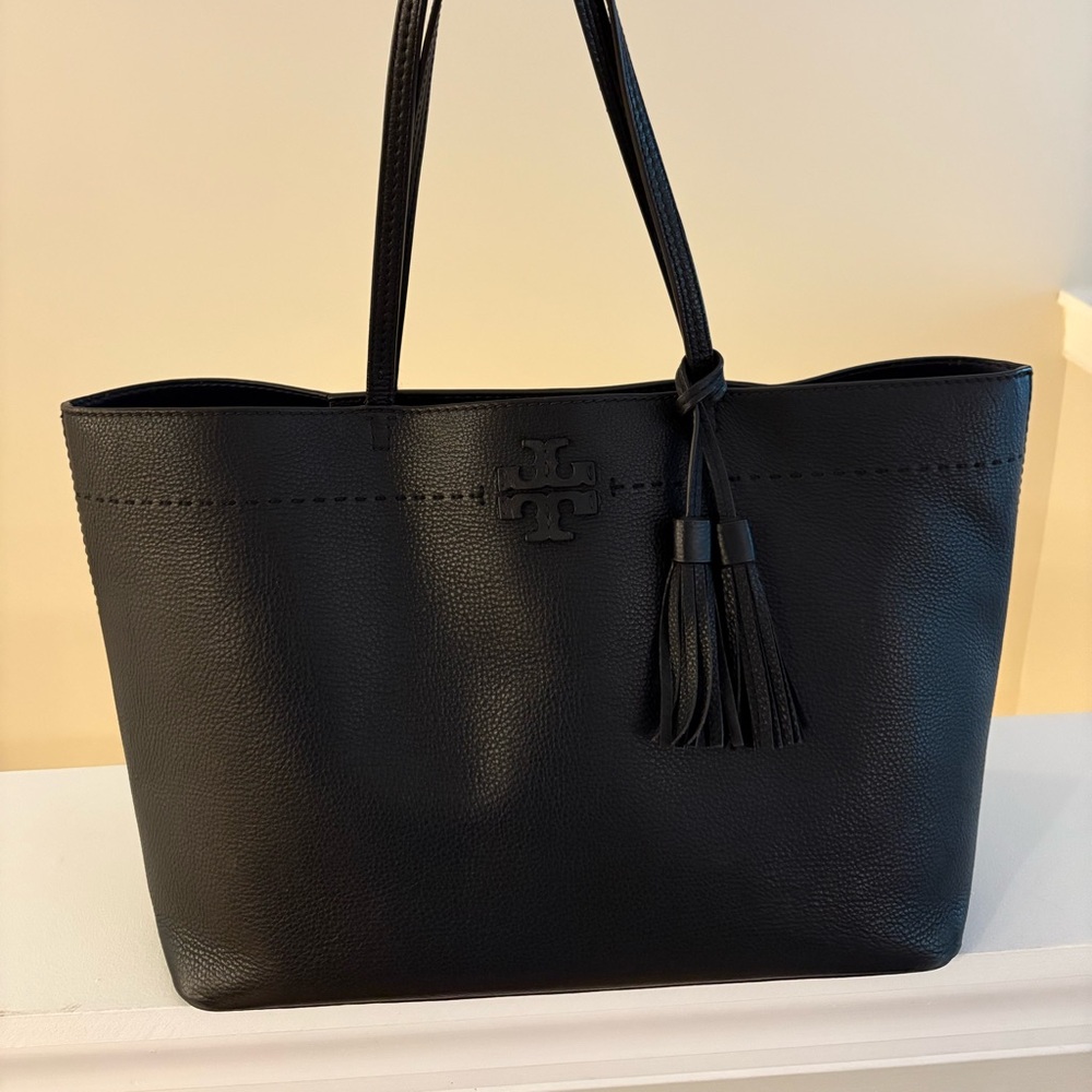 Tory Burch McGraw Black / Navy Leather Tote Bag